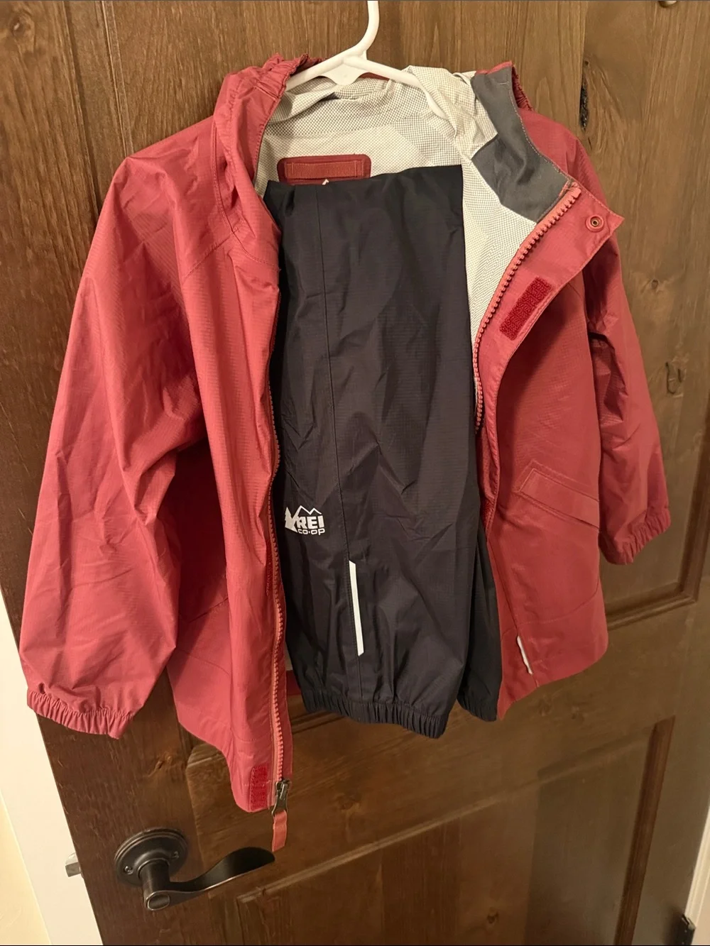 REI Kids' Rain Suit Waterproof Hooded Jacket (Maroon) & Waterproof Pants (Black)